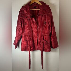 Samuel Dong Women's Red Rayon Nylon Belted Jacket Hooded Zip Up Size M EUC